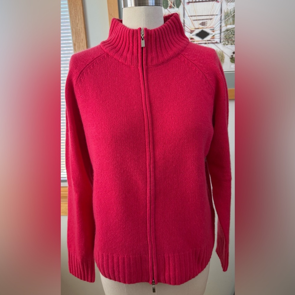 Vibrant Red 100% Cashmere Full-Zip Cardigan Sweater • L